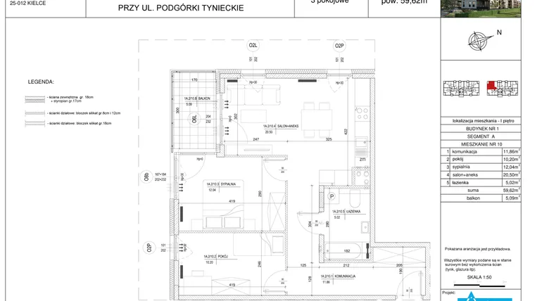 Rzut - Mieszkanie na sprzedaż 3 pokoje o powierzchni 59,62 m² - numer A10 w Podgórki Tynieckie