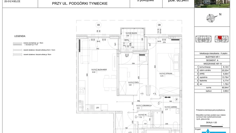 Rzut - Mieszkanie na sprzedaż 3 pokoje o powierzchni 60,94 m² - numer A19 w Podgórki Tynieckie