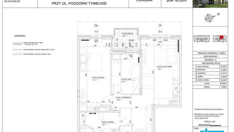 Rzut - Mieszkanie na sprzedaż 3 pokoje o powierzchni 62,85 m² - numer A20 w Podgórki Tynieckie