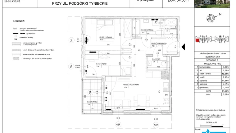 Rzut - Mieszkanie na sprzedaż 3 pokoje o powierzchni 54,66 m² - numer B2 w Podgórki Tynieckie