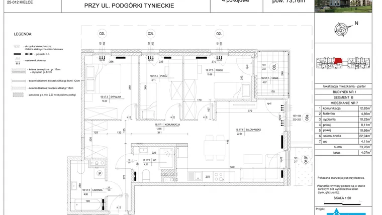 Rzut - Mieszkanie na sprzedaż 4 pokoje o powierzchni 73,76 m² - numer B7 w Podgórki Tynieckie