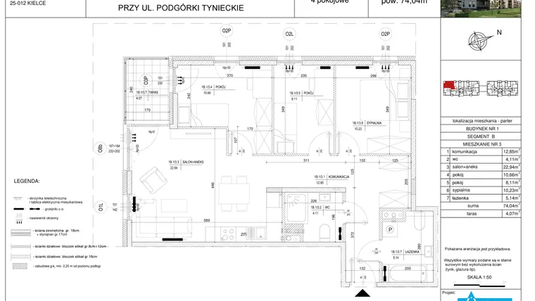 Rzut - Mieszkanie na sprzedaż 4 pokoje o powierzchni 74,04 m² - numer B3 w Podgórki Tynieckie