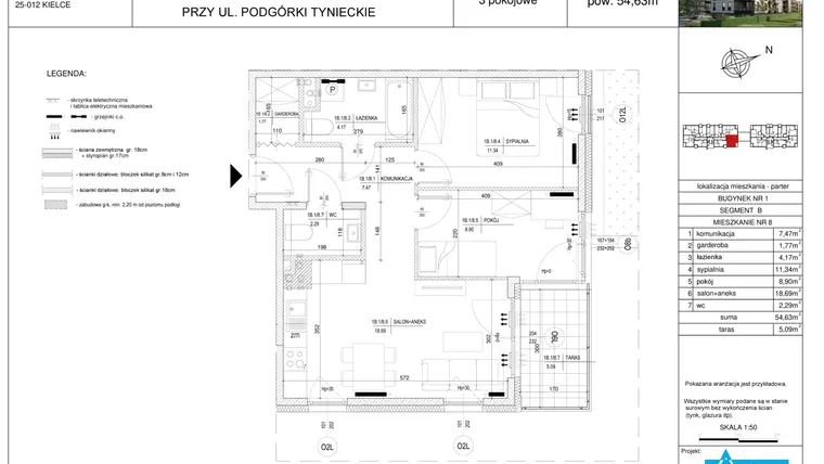 Rzut - Mieszkanie na sprzedaż 3 pokoje o powierzchni 54,63 m² - numer B8 w Podgórki Tynieckie