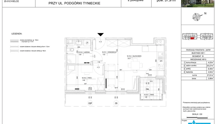 Rzut - Mieszkanie na sprzedaż 2 pokoje o powierzchni 37,91 m² - numer B9 w Podgórki Tynieckie