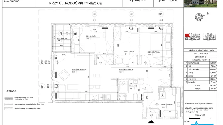 Rzut - Mieszkanie na sprzedaż 4 pokoje o powierzchni 73,78 m² - numer B12 w Podgórki Tynieckie