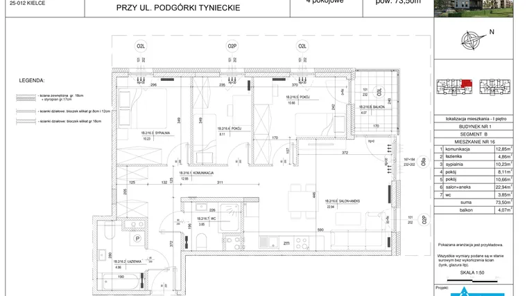 Rzut - Mieszkanie na sprzedaż 4 pokoje o powierzchni 73,5 m² - numer B16 w Podgórki Tynieckie