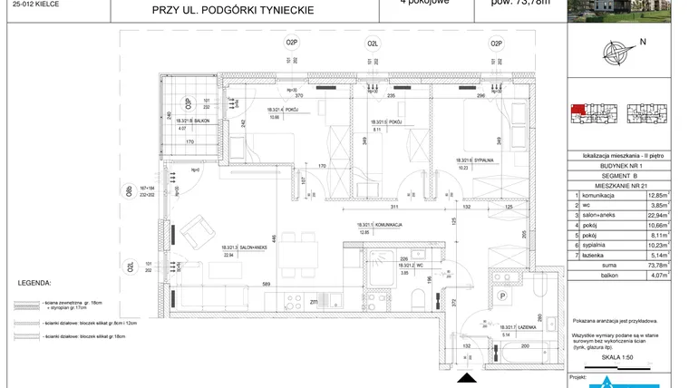 Rzut - Mieszkanie na sprzedaż 4 pokoje o powierzchni 73,78 m² - numer B21 w Podgórki Tynieckie