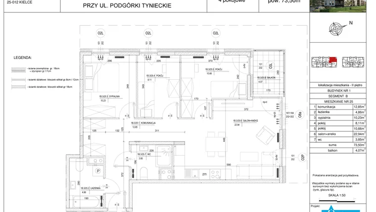 Rzut - Mieszkanie na sprzedaż 4 pokoje o powierzchni 73,5 m² - numer B25 w Podgórki Tynieckie