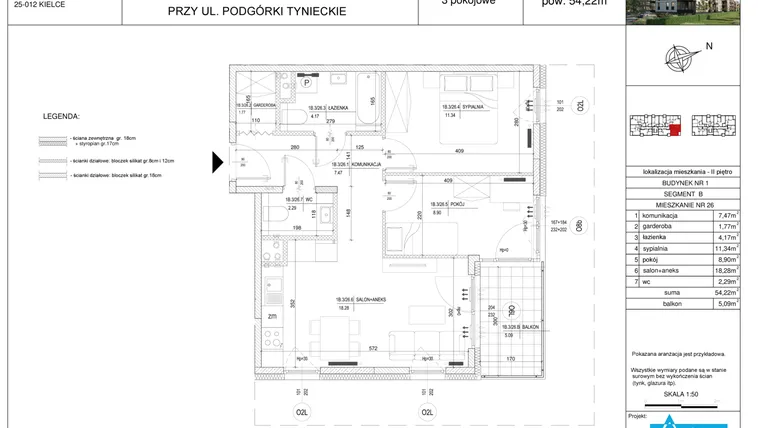 Rzut - Mieszkanie na sprzedaż 3 pokoje o powierzchni 54,22 m² - numer B26 w Podgórki Tynieckie