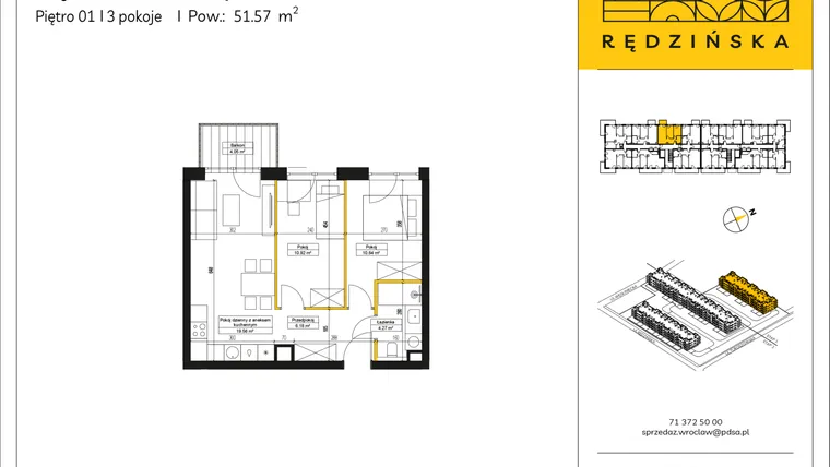 Rzut - Mieszkanie na sprzedaż 3 pokoje o powierzchni 51,57 m² - numer RD4A/A/15 w Rędzińska 4