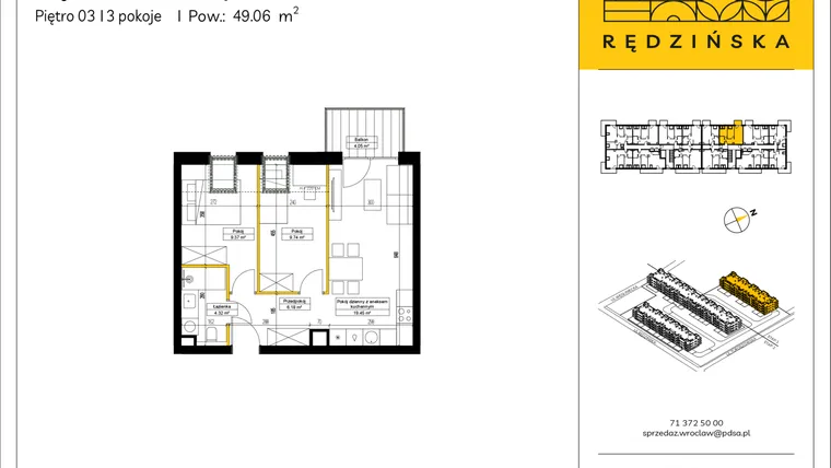 Rzut - Mieszkanie na sprzedaż 3 pokoje o powierzchni 49,06 m² - numer RD4A/B/33 w Rędzińska 4