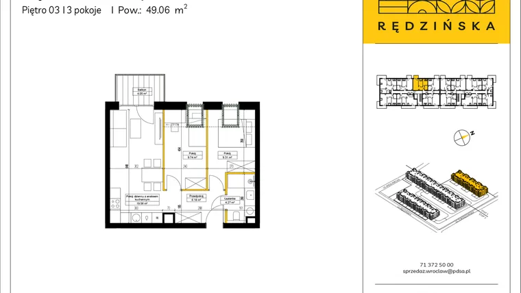 Rzut - Mieszkanie na sprzedaż 3 pokoje o powierzchni 49,06 m² - numer RD4A/A/35 w Rędzińska 4