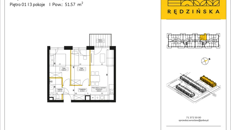 Rzut - Mieszkanie na sprzedaż 3 pokoje o powierzchni 51,57 m² - numer RD4A/B/13 w Rędzińska 4