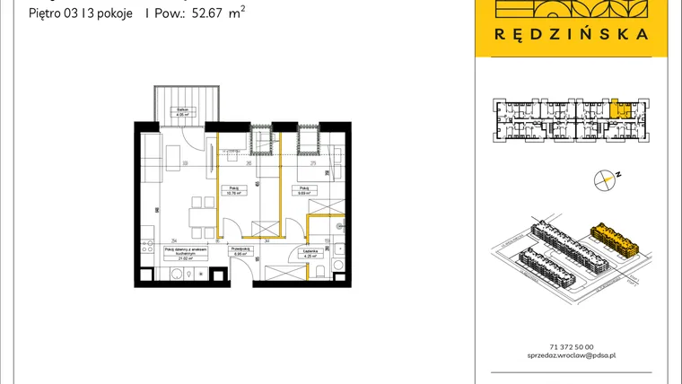 Rzut - Mieszkanie na sprzedaż 3 pokoje o powierzchni 52,67 m² - numer RD4A/B/34 w Rędzińska 4
