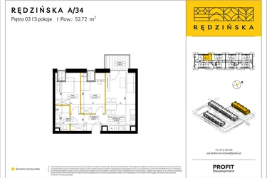 Rzut - Mieszkanie na sprzedaż 3 pokoje o powierzchni 52,72 m² - numer RD4A/A/34 w Rędzińska 4