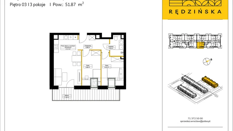 Rzut - Mieszkanie na sprzedaż 3 pokoje o powierzchni 51,87 m² - numer RD4A/B/31 w Rędzińska 4