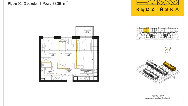 Rzut - Mieszkanie na sprzedaż 3 pokoje o powierzchni 55,39 m² - numer RD4A/A/14 w Rędzińska 4