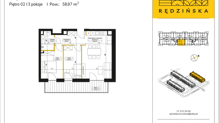 Rzut - Mieszkanie na sprzedaż 3 pokoje o powierzchni 58,97 m² - numer RD4A/A/27 w Rędzińska 4