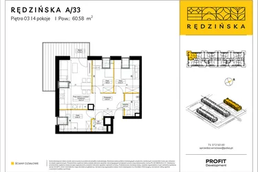 Rzut - Mieszkanie na sprzedaż 4 pokoje o powierzchni 60,58 m² - numer RD4A/A/33 w Rędzińska 4