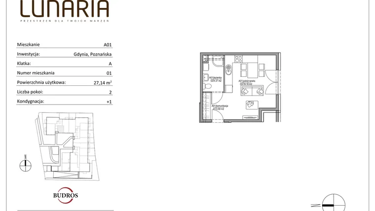 Rzut - Mieszkanie na sprzedaż 1 pokój o powierzchni 27,14 m² - numer A01 w Lunaria