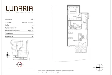 Rzut - Mieszkanie na sprzedaż 2 pokoje o powierzchni 47,24 m² - numer A03 w Lunaria