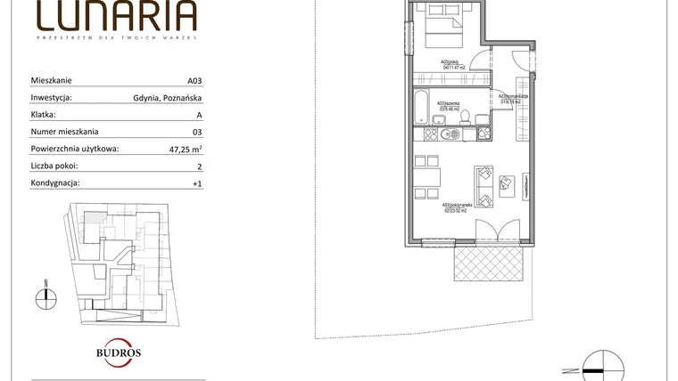 Rzut - Mieszkanie na sprzedaż 2 pokoje o powierzchni 47,24 m² - numer A03 w Lunaria