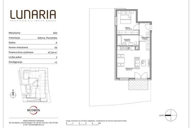 Rzut - Mieszkanie na sprzedaż 2 pokoje o powierzchni 47,24 m² - numer A03 w Lunaria