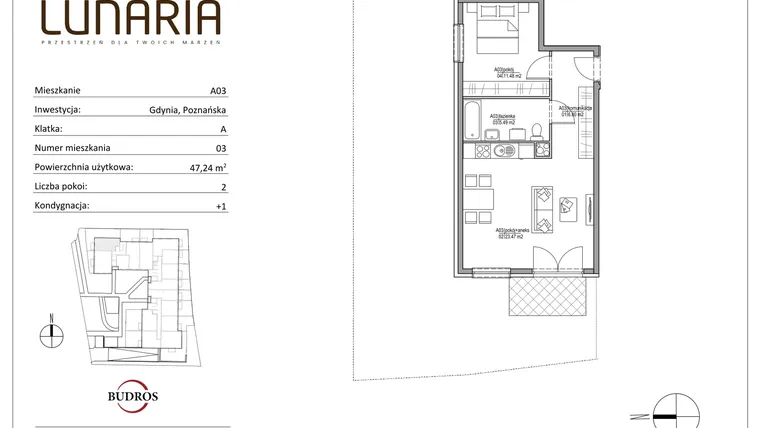 Rzut - Mieszkanie na sprzedaż 2 pokoje o powierzchni 47,24 m² - numer A03 w Lunaria