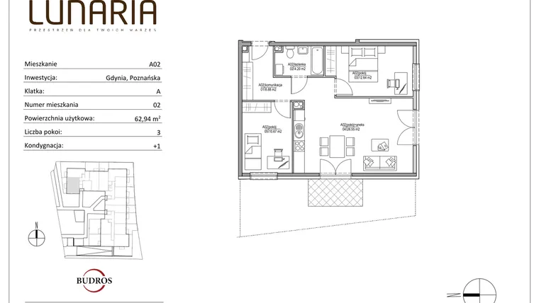 Rzut - Mieszkanie na sprzedaż 3 pokoje o powierzchni 62,81 m² - numer A02 w Lunaria