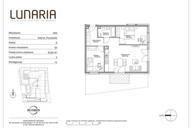 Rzut - Mieszkanie na sprzedaż 3 pokoje o powierzchni 62,81 m² - numer A02 w Lunaria