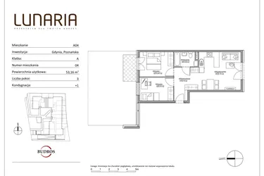 Rzut - Mieszkanie na sprzedaż 3 pokoje o powierzchni 53,39 m² - numer A04 w Lunaria