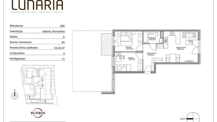 Rzut - Mieszkanie na sprzedaż 3 pokoje o powierzchni 53,39 m² - numer A04 w Lunaria