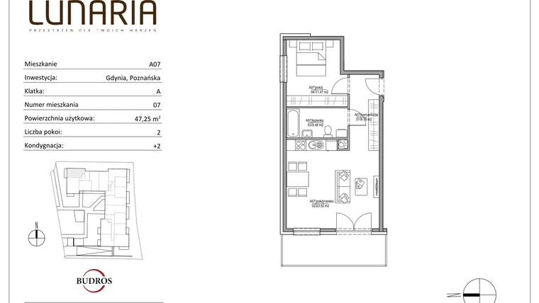 Rzut - Mieszkanie na sprzedaż 2 pokoje o powierzchni 47,33 m² - numer A07 w Lunaria