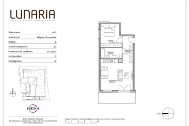 Rzut - Mieszkanie na sprzedaż 2 pokoje o powierzchni 47,33 m² - numer A07 w Lunaria