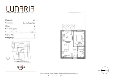Rzut - Mieszkanie na sprzedaż 2 pokoje o powierzchni 36,91 m² - numer B03 w Lunaria