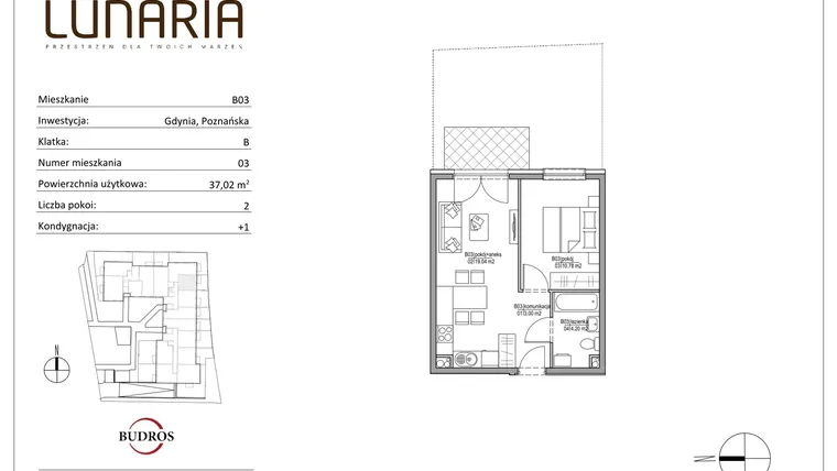 Rzut - Mieszkanie na sprzedaż 2 pokoje o powierzchni 36,91 m² - numer B03 w Lunaria