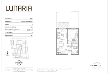 Rzut - Mieszkanie na sprzedaż 2 pokoje o powierzchni 36,91 m² - numer B03 w Lunaria