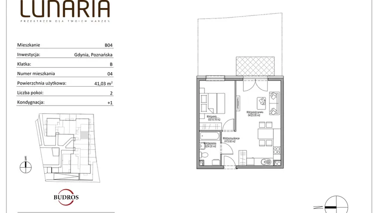 Rzut - Mieszkanie na sprzedaż 2 pokoje o powierzchni 40,86 m² - numer B04 w Lunaria
