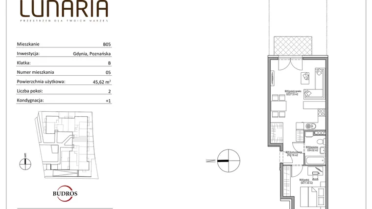 Rzut - Mieszkanie na sprzedaż 2 pokoje o powierzchni 45,43 m² - numer B05 w Lunaria