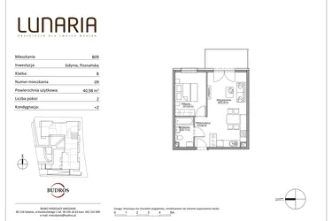 Rzut - Mieszkanie na sprzedaż 2 pokoje o powierzchni 40,98 m² - numer B09 w Lunaria
