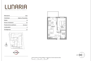 Rzut - Mieszkanie na sprzedaż 2 pokoje o powierzchni 37,03 m² - numer B13 w Lunaria
