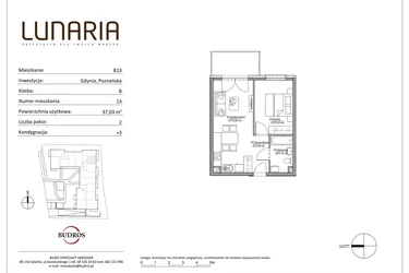 Rzut - Mieszkanie na sprzedaż 2 pokoje o powierzchni 37,03 m² - numer B13 w Lunaria
