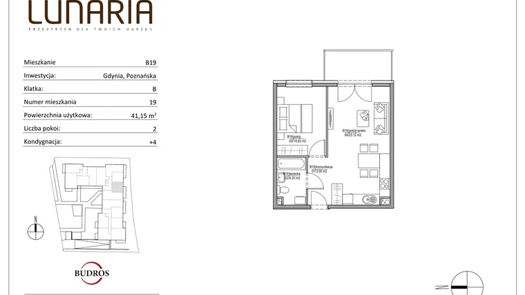 Rzut - Mieszkanie na sprzedaż 2 pokoje o powierzchni 41,06 m² - numer B19 w Lunaria