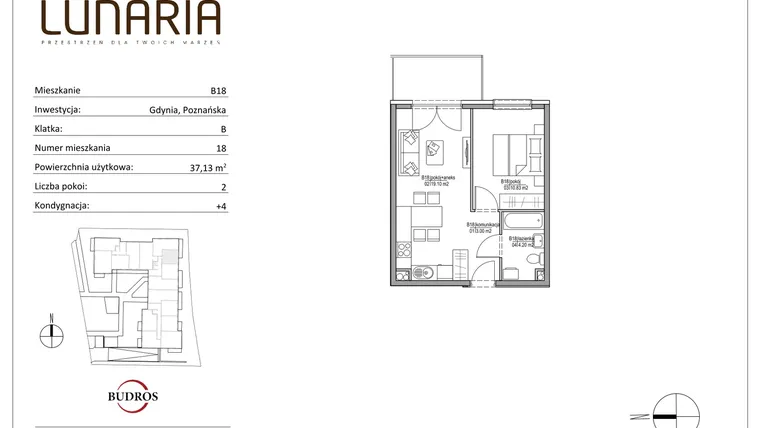 Rzut - Mieszkanie na sprzedaż 2 pokoje o powierzchni 36,92 m² - numer B18 w Lunaria