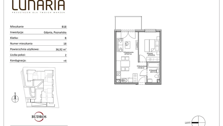 Rzut - Mieszkanie na sprzedaż 2 pokoje o powierzchni 36,92 m² - numer B18 w Lunaria