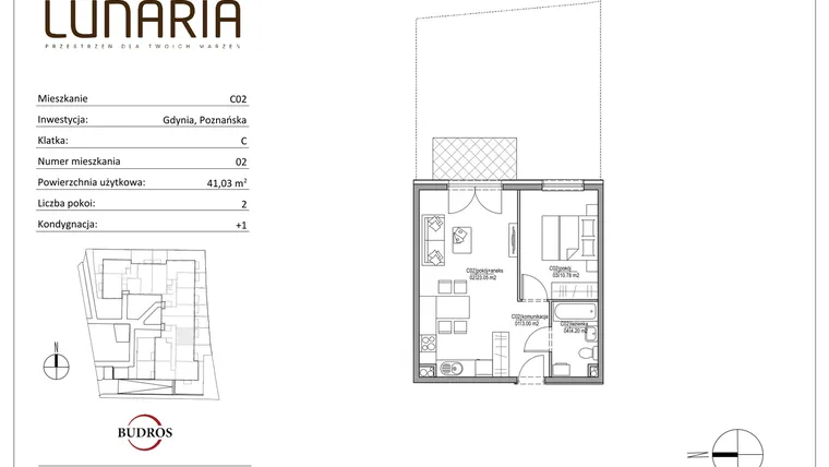 Rzut - Mieszkanie na sprzedaż 2 pokoje o powierzchni 40,93 m² - numer C02 w Lunaria
