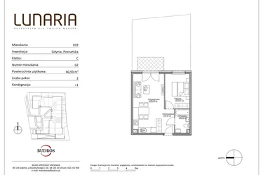 Rzut - Mieszkanie na sprzedaż 2 pokoje o powierzchni 40,93 m² - numer C02 w Lunaria