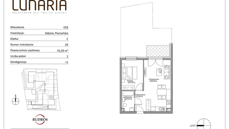Rzut - Mieszkanie na sprzedaż 2 pokoje o powierzchni 41,05 m² - numer C03 w Lunaria