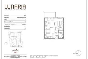 Rzut - Mieszkanie na sprzedaż 2 pokoje o powierzchni 41,06 m² - numer C08 w Lunaria