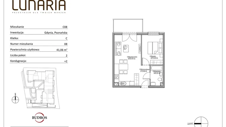 Rzut - Mieszkanie na sprzedaż 2 pokoje o powierzchni 41,06 m² - numer C08 w Lunaria
